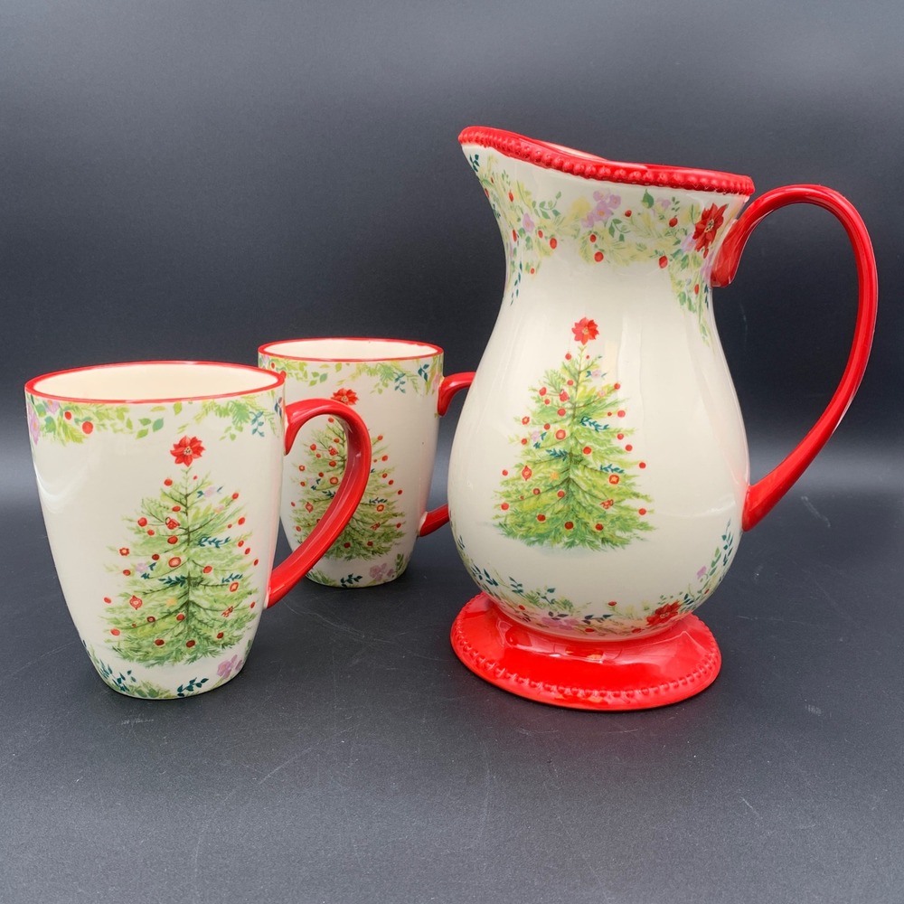 Pioneer Woman Holiday Cheer Christmas Tree Pitcher Mugs Set Red White 2919DVD